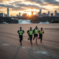 Four runners in neon-yellow vests sprint across a flat open area toward a city skyline at sunset.