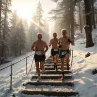 Three shirtless runners with race bibs climb snowy wooden forest stairs in low dawn sunlight.