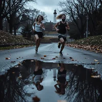 Two runners on a wet road at dusk, one in a white top and one in black, reflected in a puddle in the foreground.