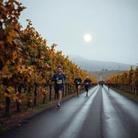 Runners on a wet road between autumn-coloured vineyard rows, with a pale sun glowing through mist