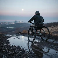 Person in a dark jacket propelling a wheelchair up a muddy hill at dusk, with puddles and a city skyline below