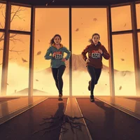 Two women with race bibs running side by side past tall windows; misty orange sky and autumn leaves outside.