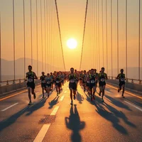 Pack of runners crossing a suspension bridge toward a low sun, casting long shadows on the road