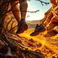 Close-up of racing shoes on a rocky canyon trail at golden dawn, where foot pain often starts with footwear and foot strike