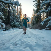 Runner in dark top and teal shorts jogging along a snow-covered forest road with low sunlight through the trees