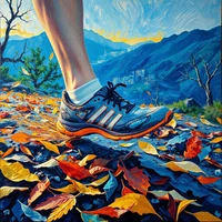 Painting of a running shoe striking wet leaves on a mountain switchback, showing the forces that load the toes