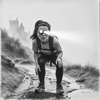 Black-and-white sketch of a runner in a headband and backpack, bent over on a muddy trail in fog; castle behind.