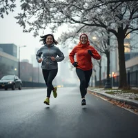 Two women running side by side on a wet road in fog, one in a grey top and one in a red jacket, bare trees behind