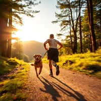 A runner jogging with his dog along a sunlit forest trail, building the habit of three easy runs a week