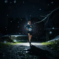 Runner wearing a headlamp on a snowy trail at night, with a lit path ahead and bare branches overhead.