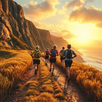 Group of runners on a grassy coastal trail beside cliffs, with the sea and golden sunset light ahead.