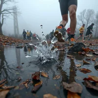 Runners splashing through a puddle at a foggy race start, showing the adrenaline surge that inflates heart rate
