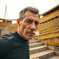 Man with grey hair in a dark top exhales smoke beside concrete stadium steps and rows of worn yellow seats