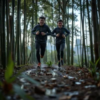 Two runners jogging a damp, leaf-strewn path through bamboo, breathing hard on a rise