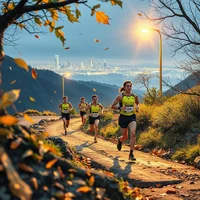 Four runners in bright tops climb a leaf-strewn dirt trail on a hillside, with a hazy city skyline and sun glow below.