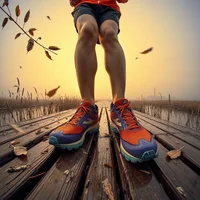 Low view of a runner's legs in orange and blue running shoes on a wooden boardwalk, with fallen leaves and misty reeds