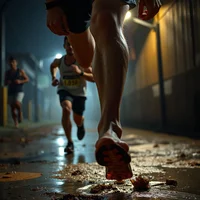 Runner's legs and red shoe striking a wet alley ground at night, with two runners blurred behind