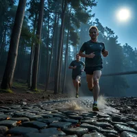 Two runners in dark athletic wear on a wet cobblestone path through a misty forest, with a bright sun above.
