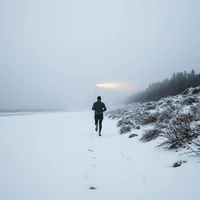 Lone runner in dark clothing running across snow toward a misty horizon, with snowy shrubs and trees on the right