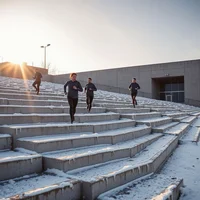 Runners climbing stadium steps at dawn, a steady effort that fits one longer or faster session a week