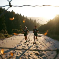 Two runners jogging side by side at sunrise, matching the pace of a running program to your own fitness level