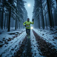 Runner in hi-vis jacket on a snowy forest trail, waving and enjoying an easy, relaxed run after illness