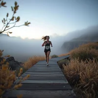 Woman running steadily along a misty boardwalk at dawn, building endurance with longer runs