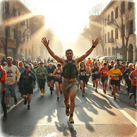 Runner with arms raised, leading a crowd of road racers on a sunlit, hazy street lined with buildings