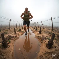 Runner with a backpack splashing through a muddy puddle between wooden posts and wire fencing in fog.