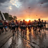 Runners in athletic wear sprinting down a wet road toward a glowing sunset, with birds flying above