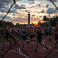 Crowd of runners on a red track at sunrise, with a lighthouse and palm trees behind them