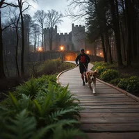 Runner with a pale dog on a wooden boardwalk through misty forest at dusk, a stone castle glowing behind.