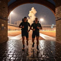 Two runners in dark kit running side by side through a brick archway at night, with a white mist plume behind them
