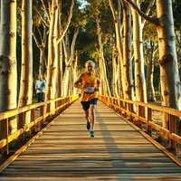 Runner in orange top and dark shorts on a wooden boardwalk lined with tall trees in golden light