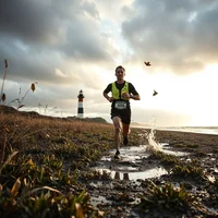 Runner in yellow vest splashing through a muddy puddle on a grassy coastal path, with a striped lighthouse behind