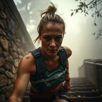 Woman with hair in a bun wearing a dark blue hydration vest, climbing stone steps through misty trees.