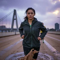 Woman in a dark green zip-up jacket running toward the camera on a wet path, with a cable-stayed bridge behind her