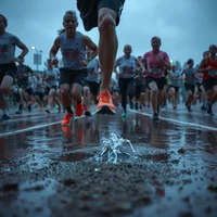 Runners splashing through a puddle on a wet road in the rain; foreground runner wears orange-soled shoes.