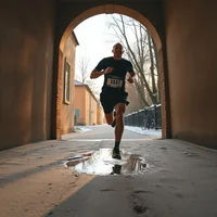 Runner in a dark top and race bib running through a tan archway toward a puddle on a paved path