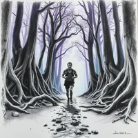 Black-and-white pencil sketch of a lone runner on a misty path between gnarled, twisted trees with exposed roots