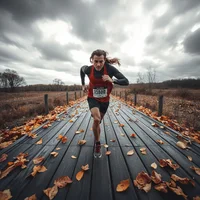 Bib-wearing runner holding an even pace down a leaf-strewn boardwalk under heavy skies