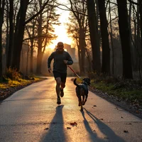 Person jogging a paved tree-lined path with a dog on a leash, backlit by low golden sunlight and long shadows
