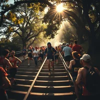 Runners climbing a long sunlit staircase under tall trees, with sunlight flaring through branches behind them.