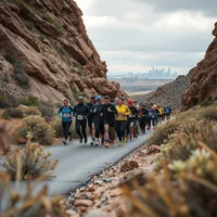Group of runners on a paved road between red rock canyon walls, with desert shrubs and a hazy city skyline ahead.