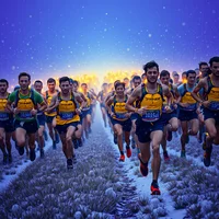 Post-impressionist painting of joyful elite runners in trail vests crossing a blizzard-swept meadow lit by vivid headlamps at night.