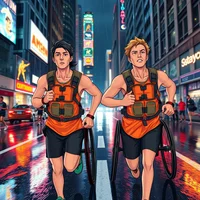 Two para-athletes in trail vests sprint rain-soaked night city streets, low-angle anime style with neon reflections.