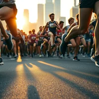 Close-up of diverse marathon runners' minimalist racing shoes racing downtown at snowy golden-hour sunrise, editorial style.