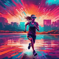 Silhouette of runner in neon purple and blue against vibrant sunset city skyline with reflective surface