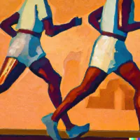 Stylized illustration of runners' legs in motion against an orange background