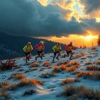 Group of runners ascending a snow-dusted hillside at sunset under dramatic storm clouds